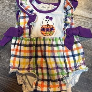Plaid Baby Romper with Ghost and Pumpkin Design
